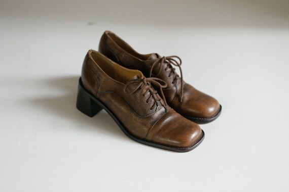 90s Leather Square Toe Chunky Loafers | Lace up C