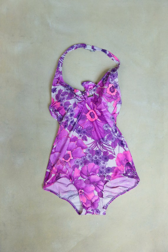 Vintage Floral one Piece  Halter Swimsuit | Low B… - image 2