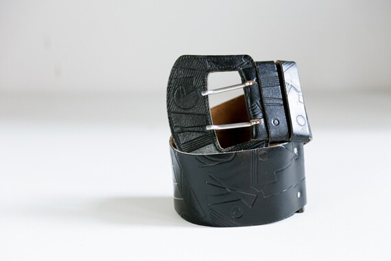 90s Vintage Black Leather Belt | Unique Wide Leath