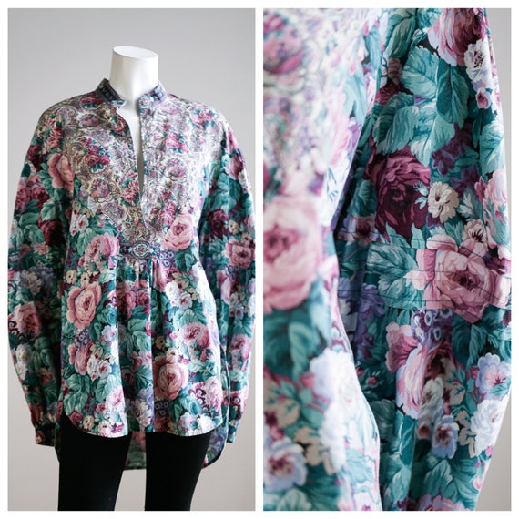 80s Colours Floral Garden Print  Oversized Handmade Tunic Top English Floral Garden Teal Purple Pink Rose  and Paisley Print Tunic