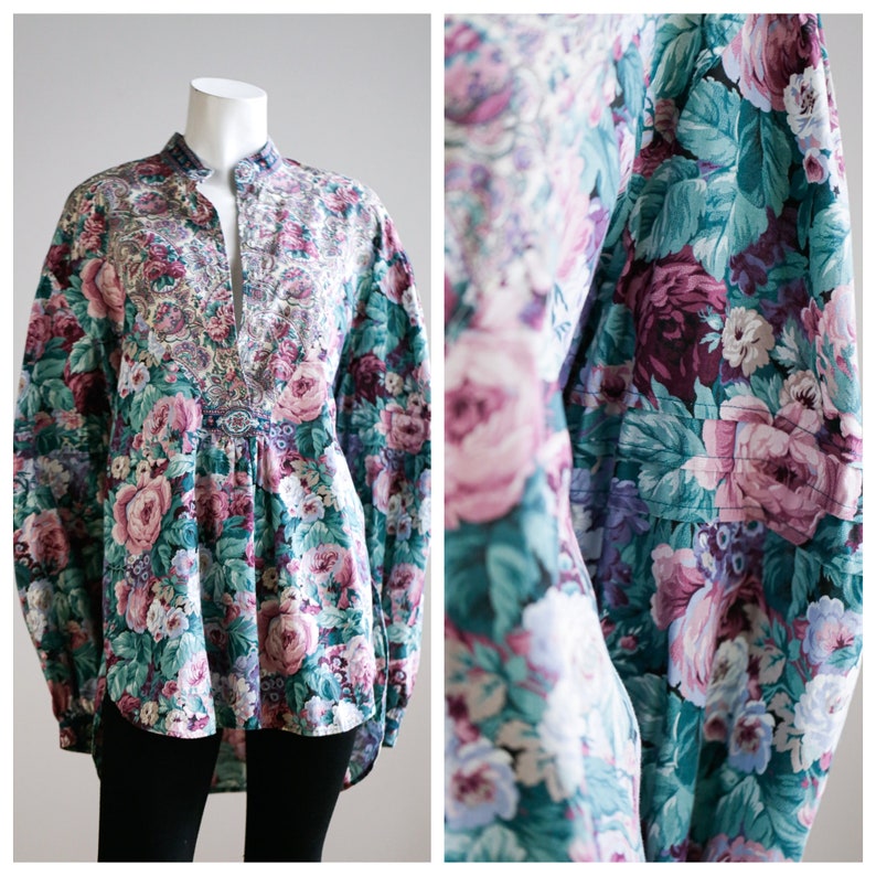 80s Colours Floral Garden Print Oversized Handmade Tunic Top English Floral Garden Teal Purple Pink Rose and Paisley Print Tunic
