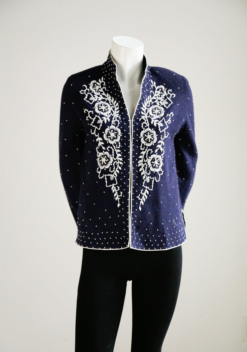 50's Floral Embroidered Beaded Wool Cardigan Etsy