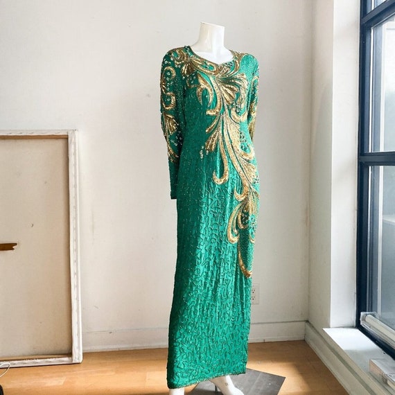 Vintage Emerald Green Silk Gold Beaded Embroidere… - image 7