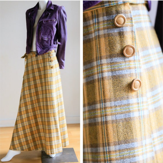 Plaid Wool A-line Maxi Wrap Skir | Plaid Boho Maxi