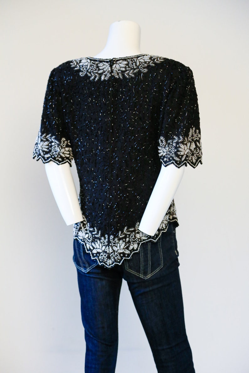 Gatsby Top| Short Sleeve Sequin Top Flapper Top Black Beaded Top Black Beaded Top Evening Top Vintage Black Silver Beaded Top