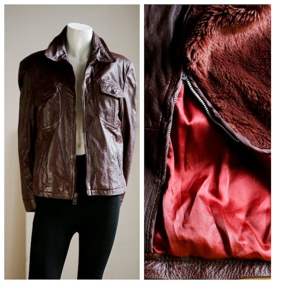 70s Vintage Burgundy Leather Jacket with Removable