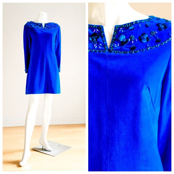 Cobalt Blue Velvet Embroidered Beaded 60s Tunic Dress | 60s Twiggy Dress | Bright Blue Mini Dress| Little Blue Blue Dress | LBD | Party Mini