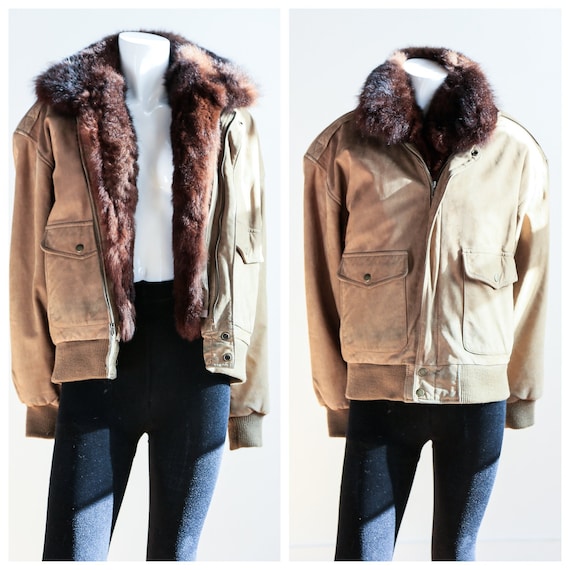 Fur Lined Leather Flight Jacket | Light Beige Brow