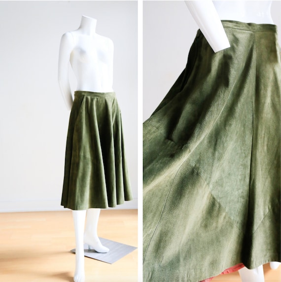 90s Suede Moss Green Half Circle Skirt | Suede Mid