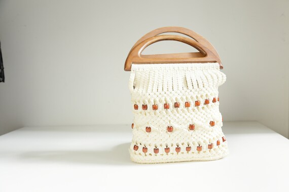 70s White Crochet and Wool Accent Tote Bag | 70s H