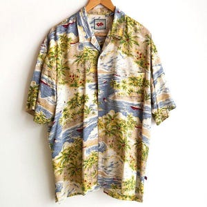 Vintage Bugle Boy Silk Blend Tropical Hawaiian Print Button Down Shirt XL