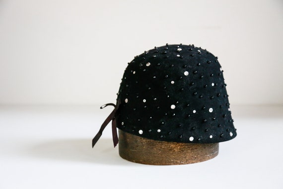 Black Felt Wool  Beaded Cloche Hat  | Beaded Rhin… - image 1