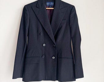 Vintage Ralph Ralph Lauren Double Breasted Pin Striped Navy Blue Blazer 8