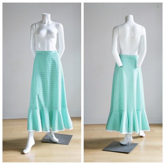 Vintage Fine Teal white Stripe Ruffle Hem A -line