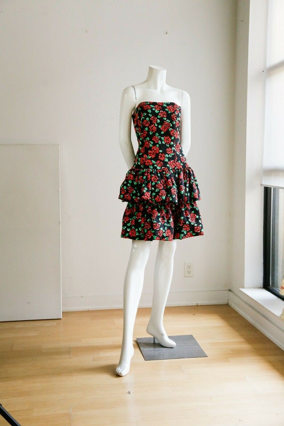 Vintage Bustier Top Ruffled Puffed Skirt Red Flor… - image 3