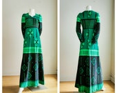 Vintage Kaisu Heikkila Made in Finland Geometric Print Long Sleeve Maxi Dress Small OOAK Finnish Collectible Merimeko Style Boho Colourful