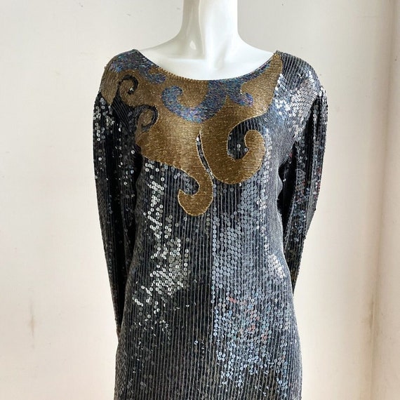 Vintage Silk Hand Beaded Sequin Sparkly Evening G… - image 2