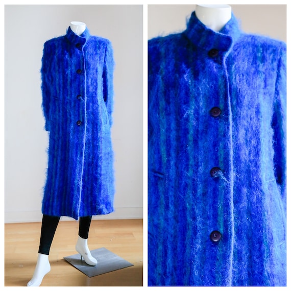 Blue Mohair Midi Coat | Wool Mohair Striped Coat |