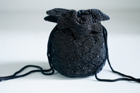 Vintage Black Beaded Drawstring Purse | Classic B