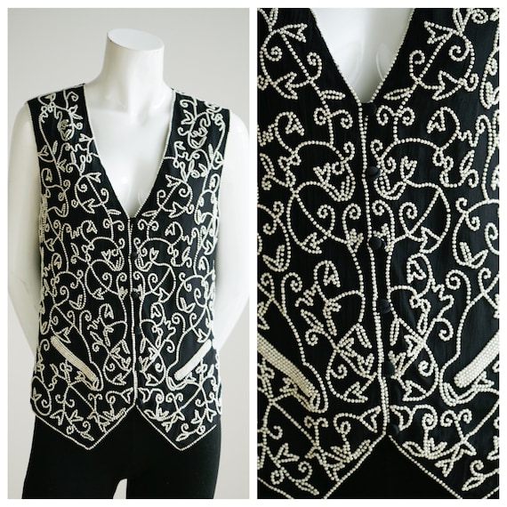 Vintage Black White Beaded Vest | Pearl Like Beadi