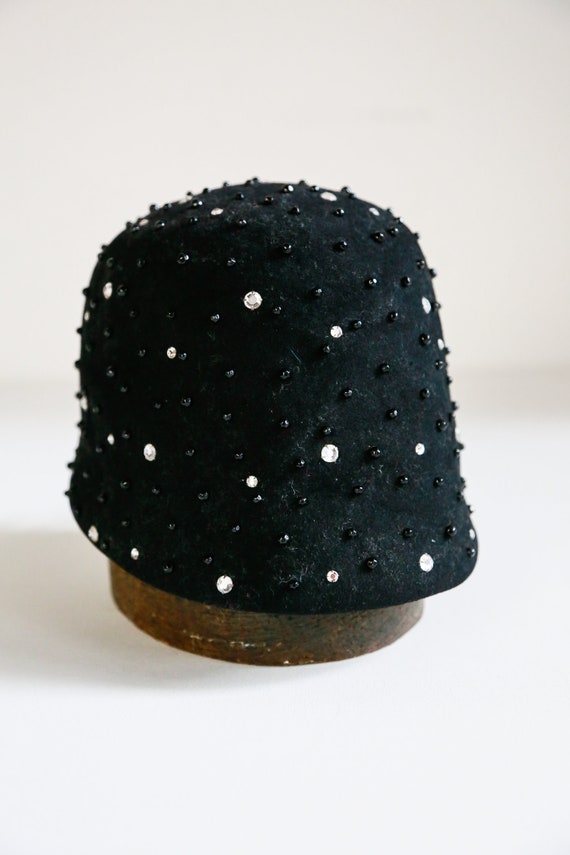 Black Felt Wool  Beaded Cloche Hat  | Beaded Rhin… - image 3