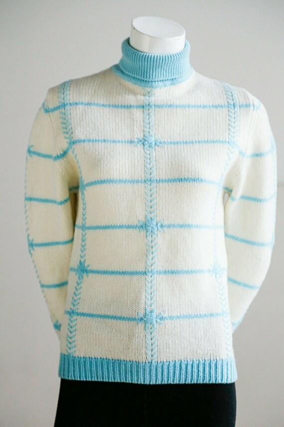 Vintage 70s Wool OOAK Unique Wool Plaid Cream Blu… - image 3