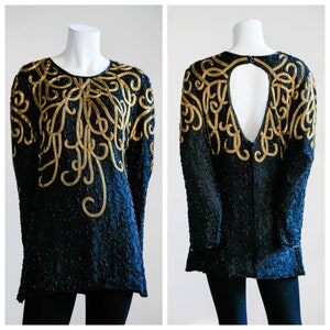 Sequin Beaded Black Gold Tunic with keyhole back detail  | Black Beaded Long Sleeve Top | Black Sequin Top | Open Back | New Years Top |
