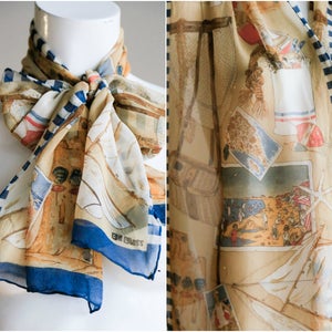 Bill Blass Vintage Beach Print Scarf  | Vintage Silk Chiffon Neck Scarf |Nautical Scarf |Beach Motif Scarf |Mothers Day Gift | Gift for Mom