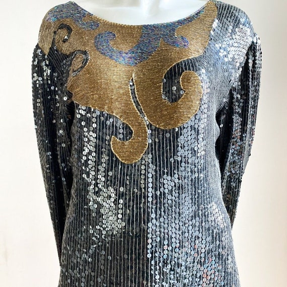 Vintage Silk Hand Beaded Sequin Sparkly Evening G… - image 3