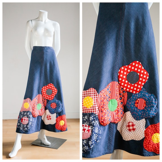 70s A-line Denim Maxi Skirt | Quilted Floral Embe