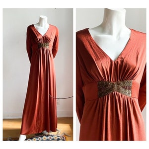 Vintage Copper Brown Slinky Polyester Beaded Empire Waist Elegant Maxi Dress
