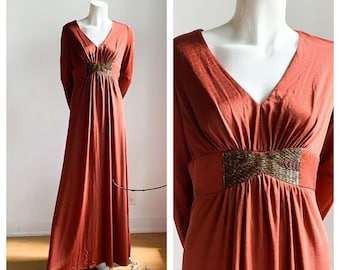 Vintage Copper Brown Slinky Polyester Beaded Empire Waist Elegant Maxi Dress