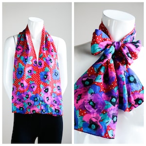 Vintage Polka Dot Floral Bright Colours Long Lightweight Hand-rolled Silk Scarf | Gift for Mom Vibrant Long Rectangular Summer Silk Scarf