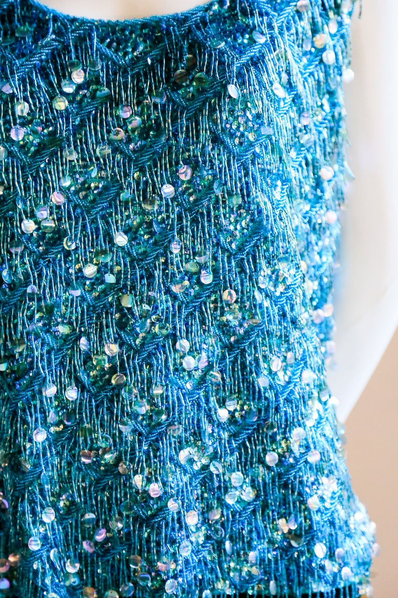 Unique Sequin Top Blue Sleeveless Sequin Top Mermaid Sequin Top Flapper Top Aqua Blue Sequin and Bead Knit Embellished Tank Top