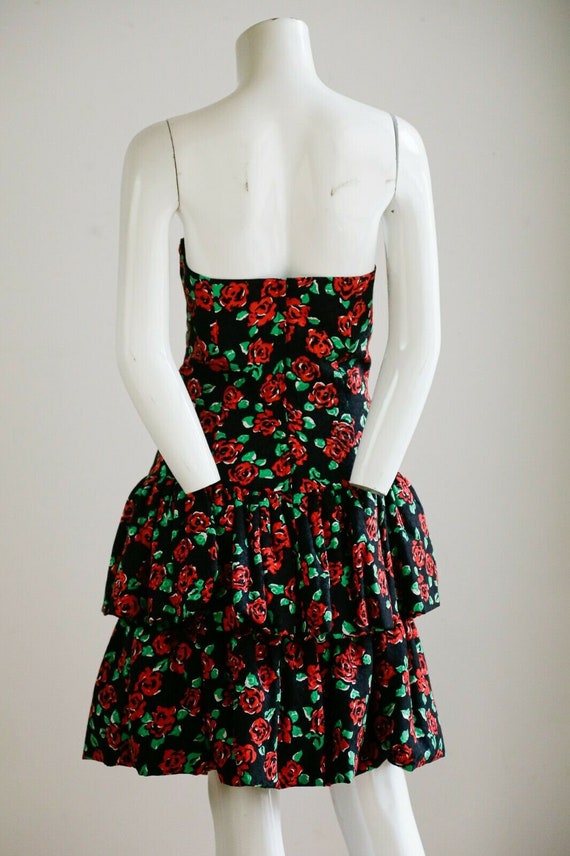 Vintage Bustier Top Ruffled Puffed Skirt Red Flor… - image 9