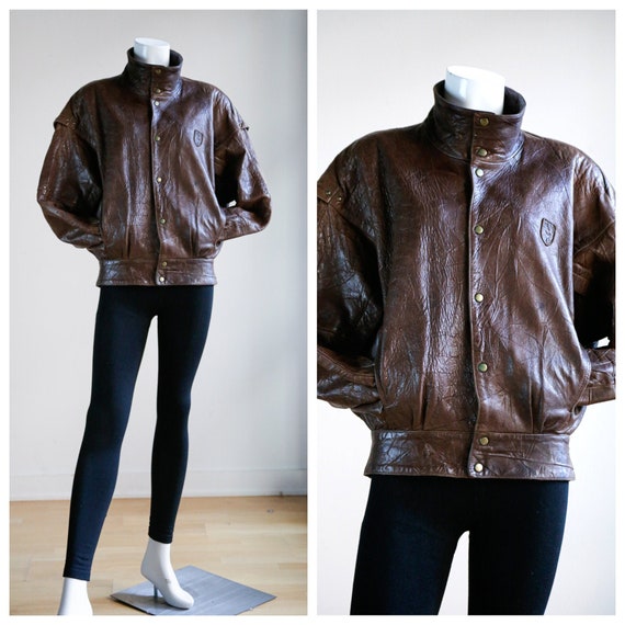 90s PUMA Brown Leather Bomber Jacket | Vintage Pum