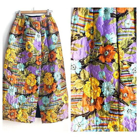 Vintage Quilted Floral Button Down MAxi Skirt S