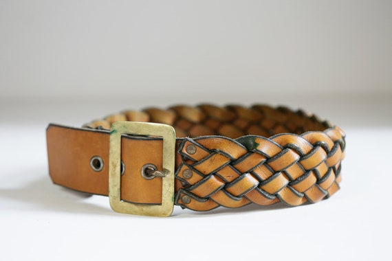 Vintage Braided Thick Leather Belt W Large Brass Buckle  display picture 1