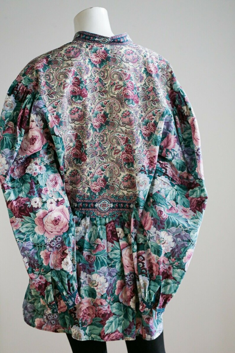 80s Colours Floral Garden Print  Oversized Handmade Tunic Top English Floral Garden Teal Purple Pink Rose  and Paisley Print Tunic