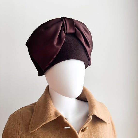 Vintage Michelle Brown Wool Hat w Satin bow 1960s 100% Wool Vintage Hats for Women for sale | eBay main image 3