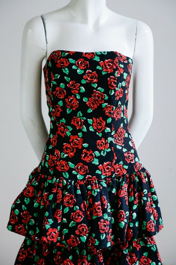 Vintage Bustier Top Ruffled Puffed Skirt Red Flor… - image 2