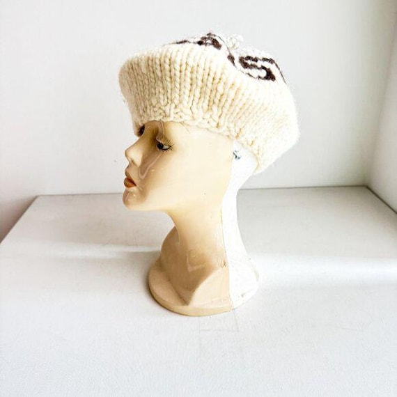 Vintage Hand Knit Wool Chunky Knit Beret Hat L Vintage Pom Pom Beret Hat Knit Brown With Argyle Design Golf  main image 4