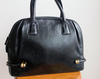 Vintage Bally Black Leather Oval Top Handle Bag