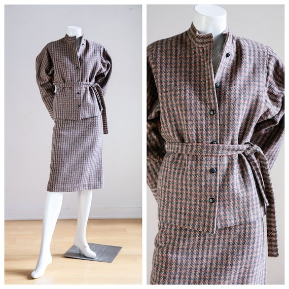 Fine Plaid Bat Sleeve Wool Suit with Belt Waist Ti