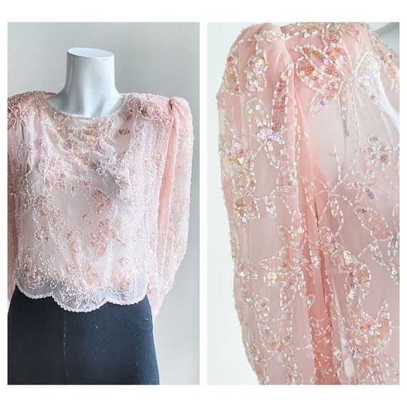 Vintage SILK Peach Pink Beaded Embroidered Croppe… - image 1