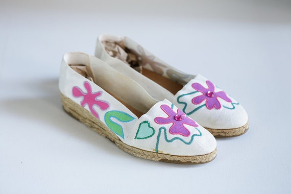 80s Pink Green Floral Canvas Embroidered Espadril