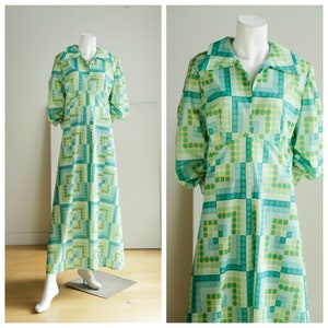 Vintage Colourful Geometric Print Long Puff Sleeve A line Maxi Dress | OOAK 70s A line Empire Waist Boho Dress | Squares Circles Print Maxi