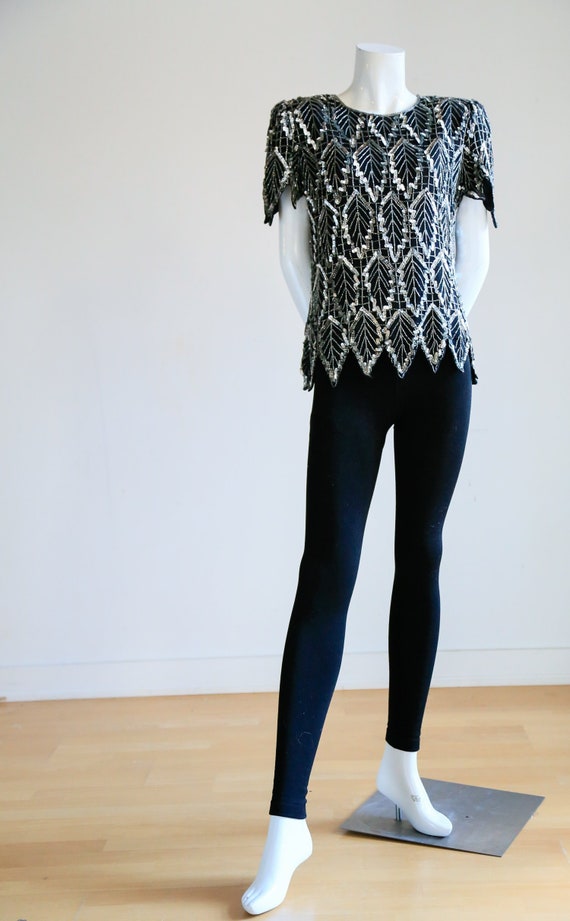 Sequin Beaded Black Silver Short Sleeve Top | Sequ