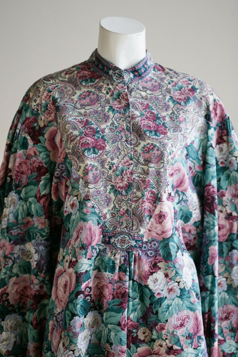 80s Colours Floral Garden Print Oversized Handmade Tunic Top English Floral Garden Teal Purple Pink Rose and Paisley Print Tunic