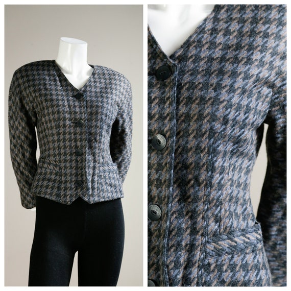 Fitted Hound Tooth Grey Wool Blazer | Fitted Plaid